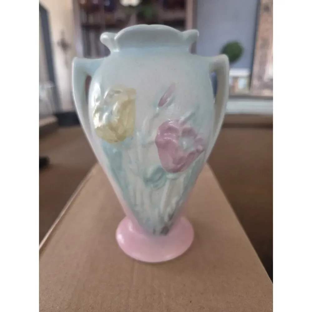 Hull 607-5 1/2 Art Pottery Floral Vase Blue Pink Yellow 1940s Impressed Vintage